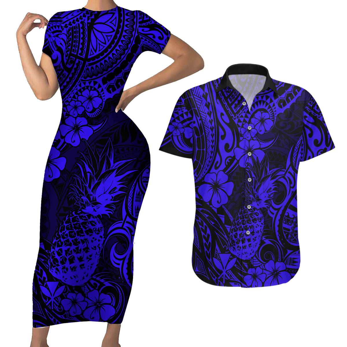 Hawaii Pineapple Couples Matching Short Sleeve Bodycon Dress and Hawaiian Shirt Paradise Flowers Pacific With Navy Blue Polynesian Tribal - Wonder Print Shop