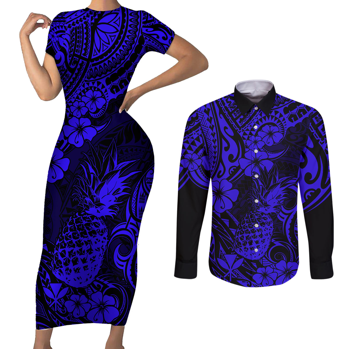 Hawaii Pineapple Couples Matching Short Sleeve Bodycon Dress and Long Sleeve Button Shirts Paradise Flowers Pacific With Navy Blue Polynesian Tribal - Wonder Print Shop