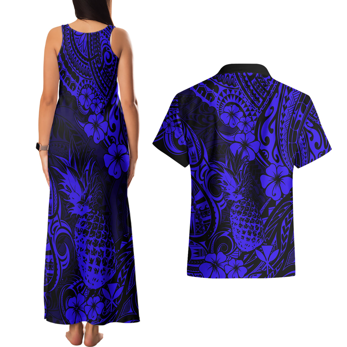 Hawaii Pineapple Couples Matching Tank Maxi Dress and Hawaiian Shirt Paradise Flowers Pacific With Navy Blue Polynesian Tribal - Wonder Print Shop