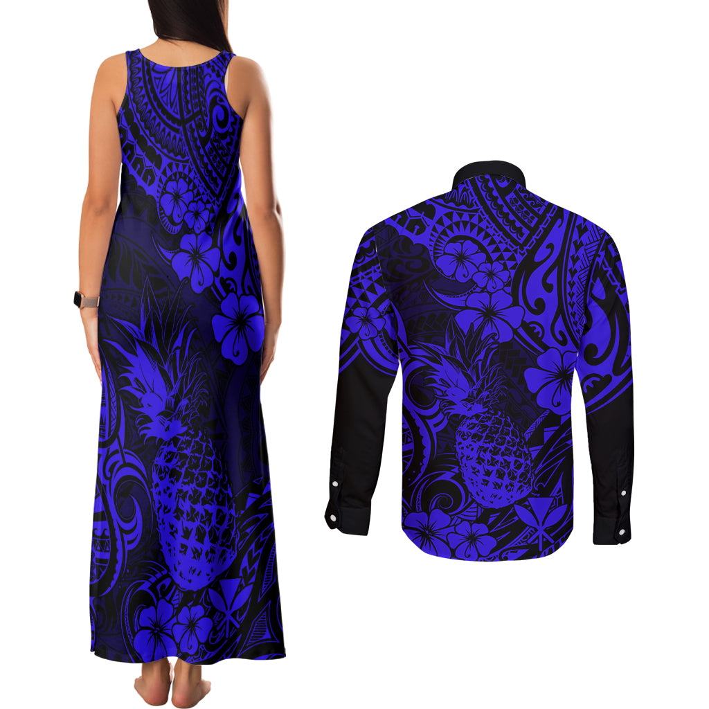 Hawaii Pineapple Couples Matching Tank Maxi Dress and Long Sleeve Button Shirts Paradise Flowers Pacific With Navy Blue Polynesian Tribal - Wonder Print Shop