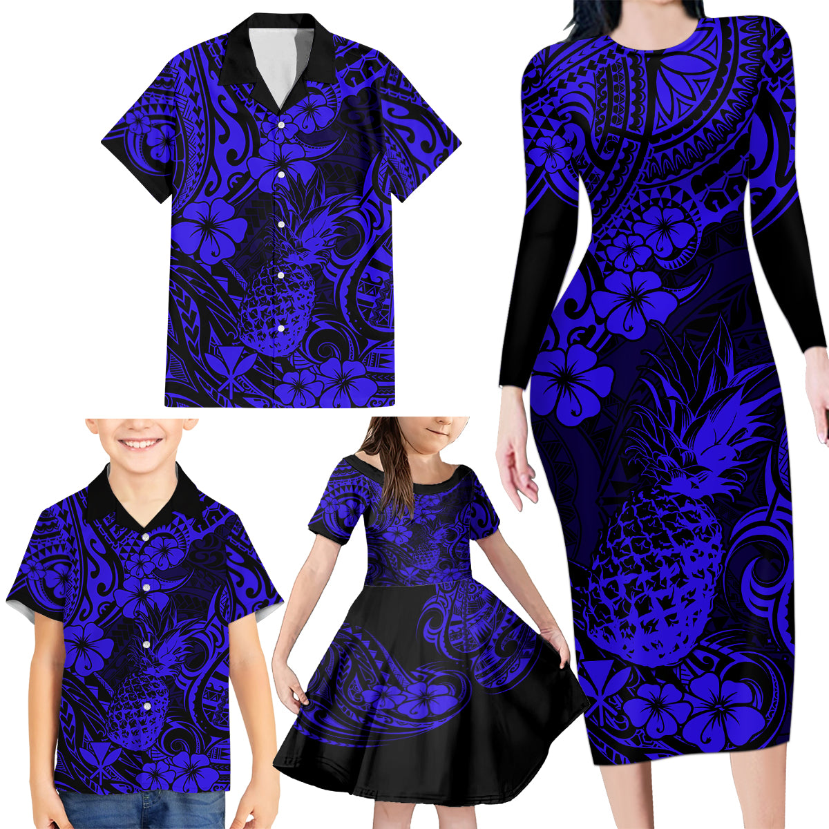Hawaii Pineapple Family Matching Long Sleeve Bodycon Dress and Hawaiian Shirt Paradise Flowers Pacific With Navy Blue Polynesian Tribal - Wonder Print Shop