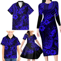 Hawaii Pineapple Family Matching Long Sleeve Bodycon Dress and Hawaiian Shirt Paradise Flowers Pacific With Navy Blue Polynesian Tribal - Wonder Print Shop
