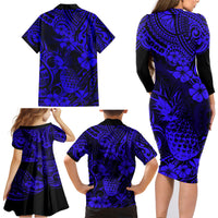 Hawaii Pineapple Family Matching Long Sleeve Bodycon Dress and Hawaiian Shirt Paradise Flowers Pacific With Navy Blue Polynesian Tribal - Wonder Print Shop