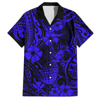 Hawaii Pineapple Family Matching Long Sleeve Bodycon Dress and Hawaiian Shirt Paradise Flowers Pacific With Navy Blue Polynesian Tribal - Wonder Print Shop