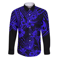 Hawaii Pineapple Family Matching Long Sleeve Bodycon Dress and Hawaiian Shirt Paradise Flowers Pacific With Navy Blue Polynesian Tribal - Wonder Print Shop