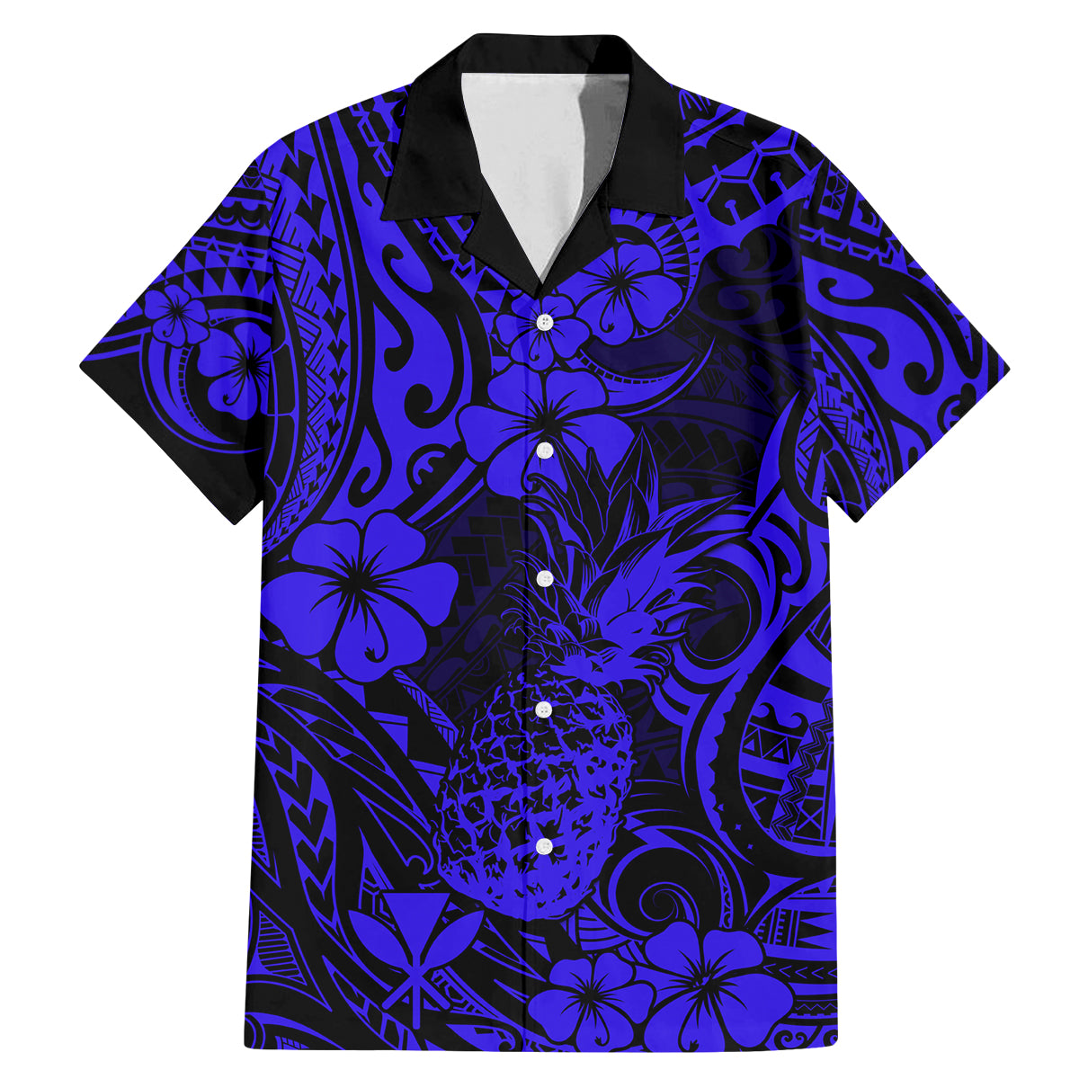 Hawaii Pineapple Family Matching Mermaid Dress and Hawaiian Shirt Paradise Flowers Pacific With Navy Blue Polynesian Tribal - Wonder Print Shop