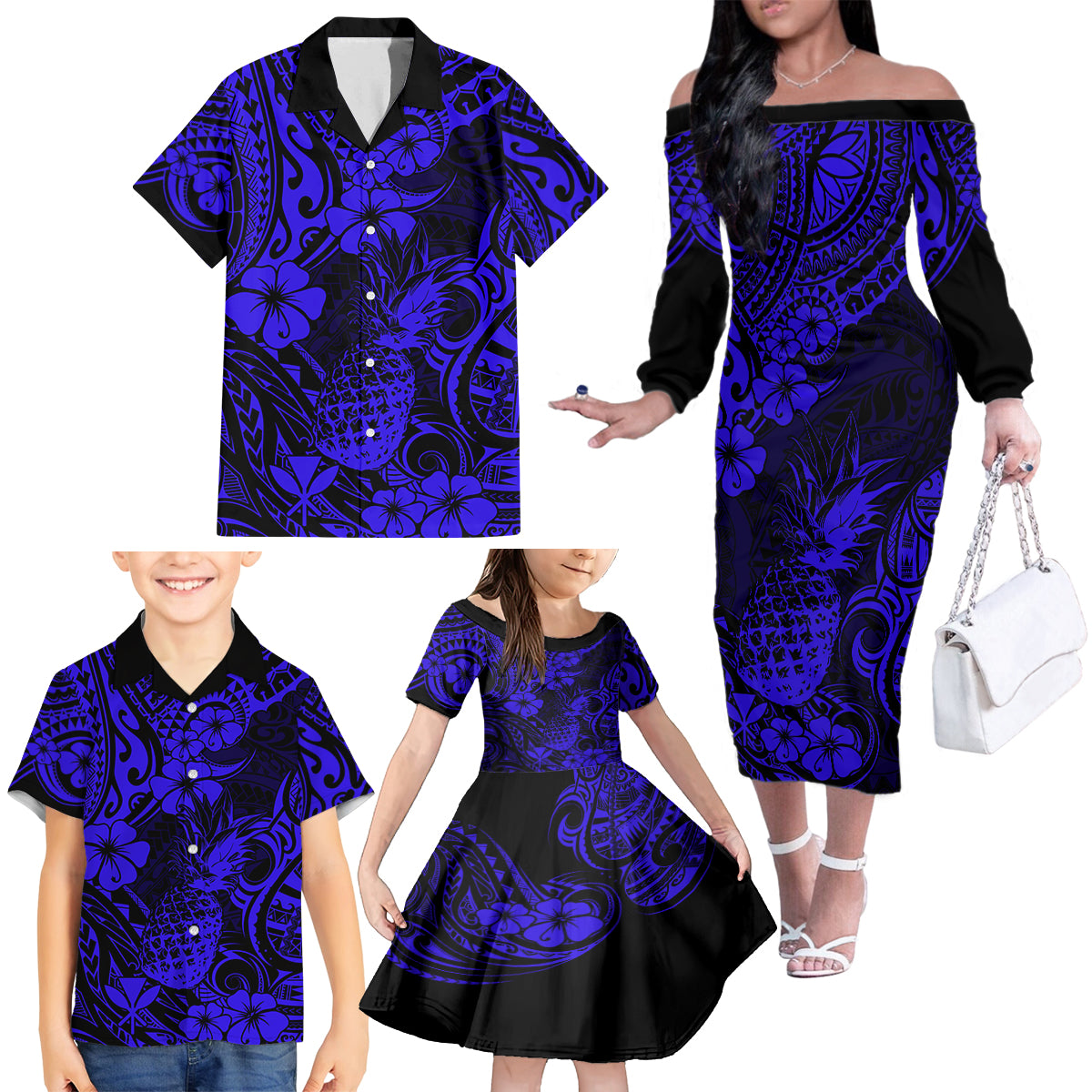 Hawaii Pineapple Family Matching Off Shoulder Long Sleeve Dress and Hawaiian Shirt Paradise Flowers Pacific With Navy Blue Polynesian Tribal - Wonder Print Shop