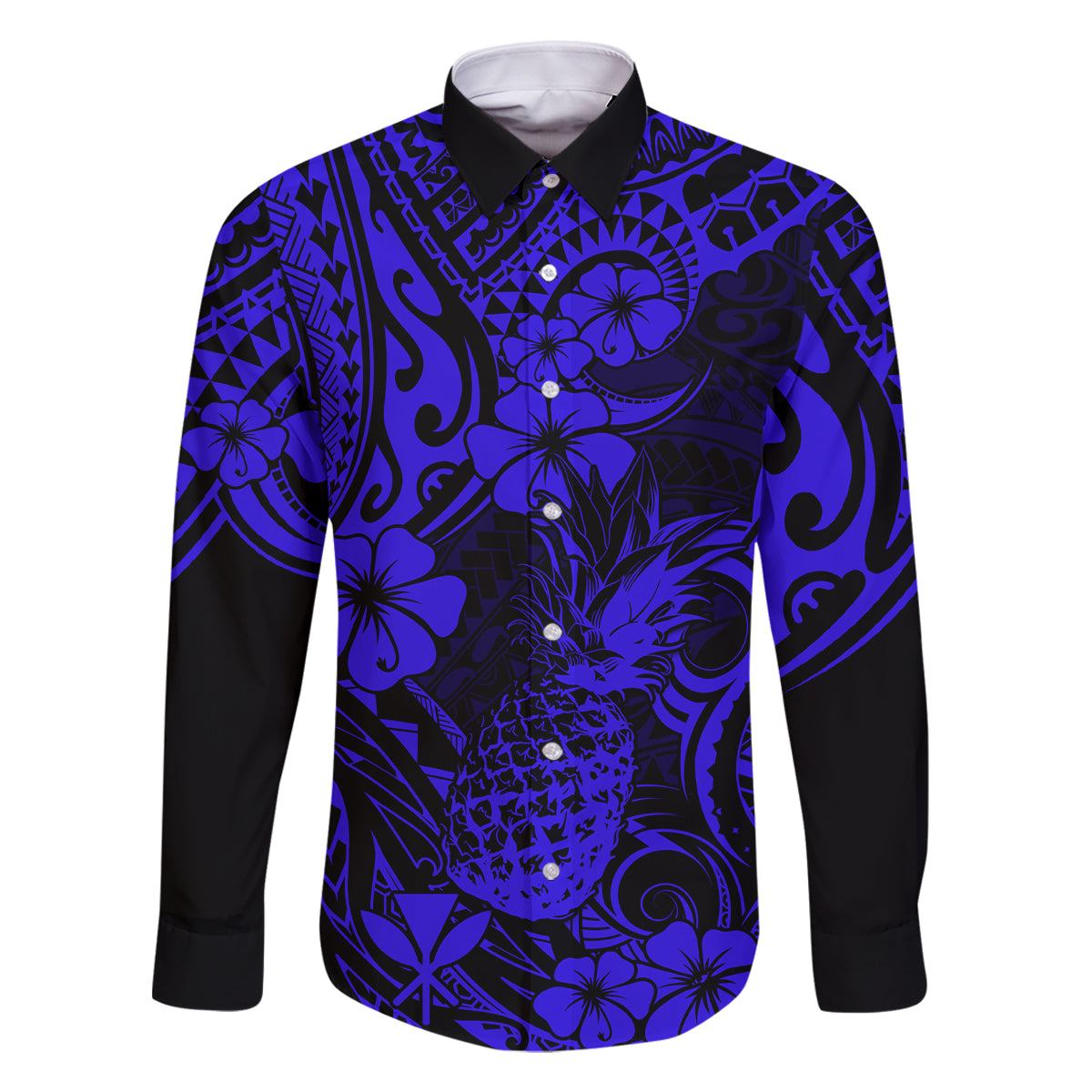 Hawaii Pineapple Family Matching Off Shoulder Long Sleeve Dress and Hawaiian Shirt Paradise Flowers Pacific With Navy Blue Polynesian Tribal - Wonder Print Shop