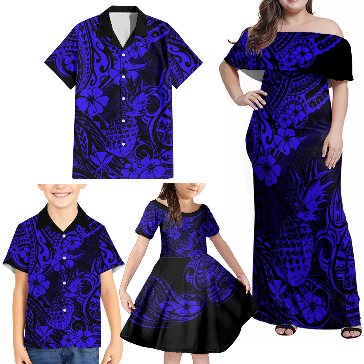 Hawaii Pineapple Family Matching Off Shoulder Maxi Dress and Hawaiian Shirt Paradise Flowers Pacific With Navy Blue Polynesian Tribal - Wonder Print Shop