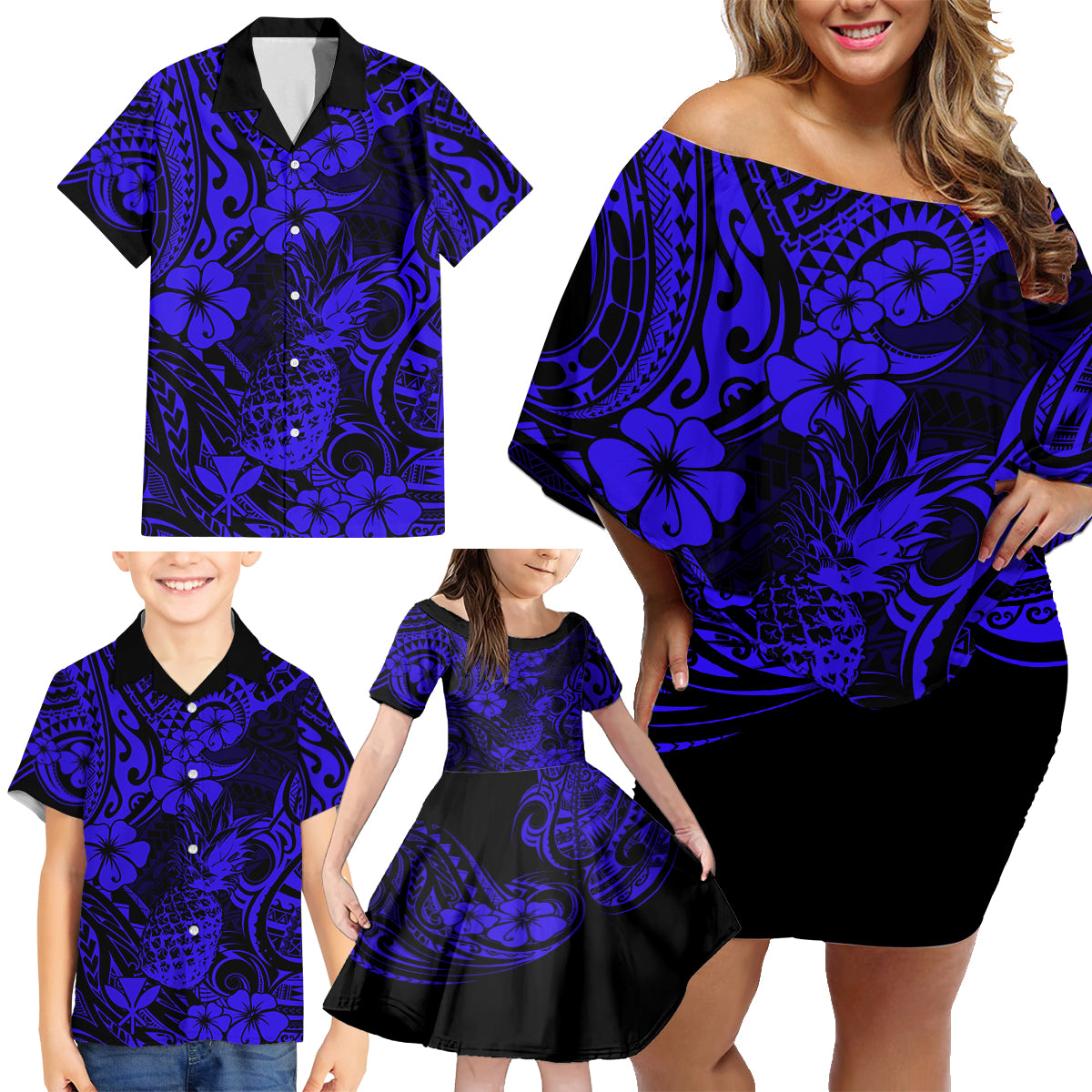 Hawaii Pineapple Family Matching Off Shoulder Short Dress and Hawaiian Shirt Paradise Flowers Pacific With Navy Blue Polynesian Tribal - Wonder Print Shop