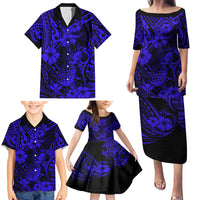 Hawaii Pineapple Family Matching Puletasi Dress and Hawaiian Shirt Paradise Flowers Pacific With Navy Blue Polynesian Tribal - Wonder Print Shop