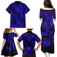 Hawaii Pineapple Family Matching Puletasi Dress and Hawaiian Shirt Paradise Flowers Pacific With Navy Blue Polynesian Tribal - Wonder Print Shop