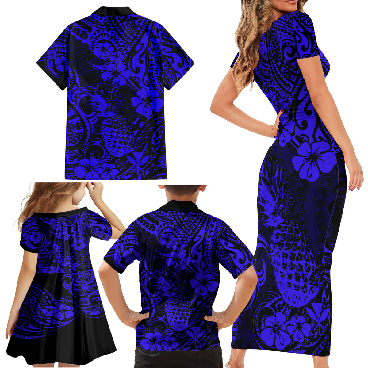 Hawaii Pineapple Family Matching Short Sleeve Bodycon Dress and Hawaiian Shirt Paradise Flowers Pacific With Navy Blue Polynesian Tribal - Wonder Print Shop