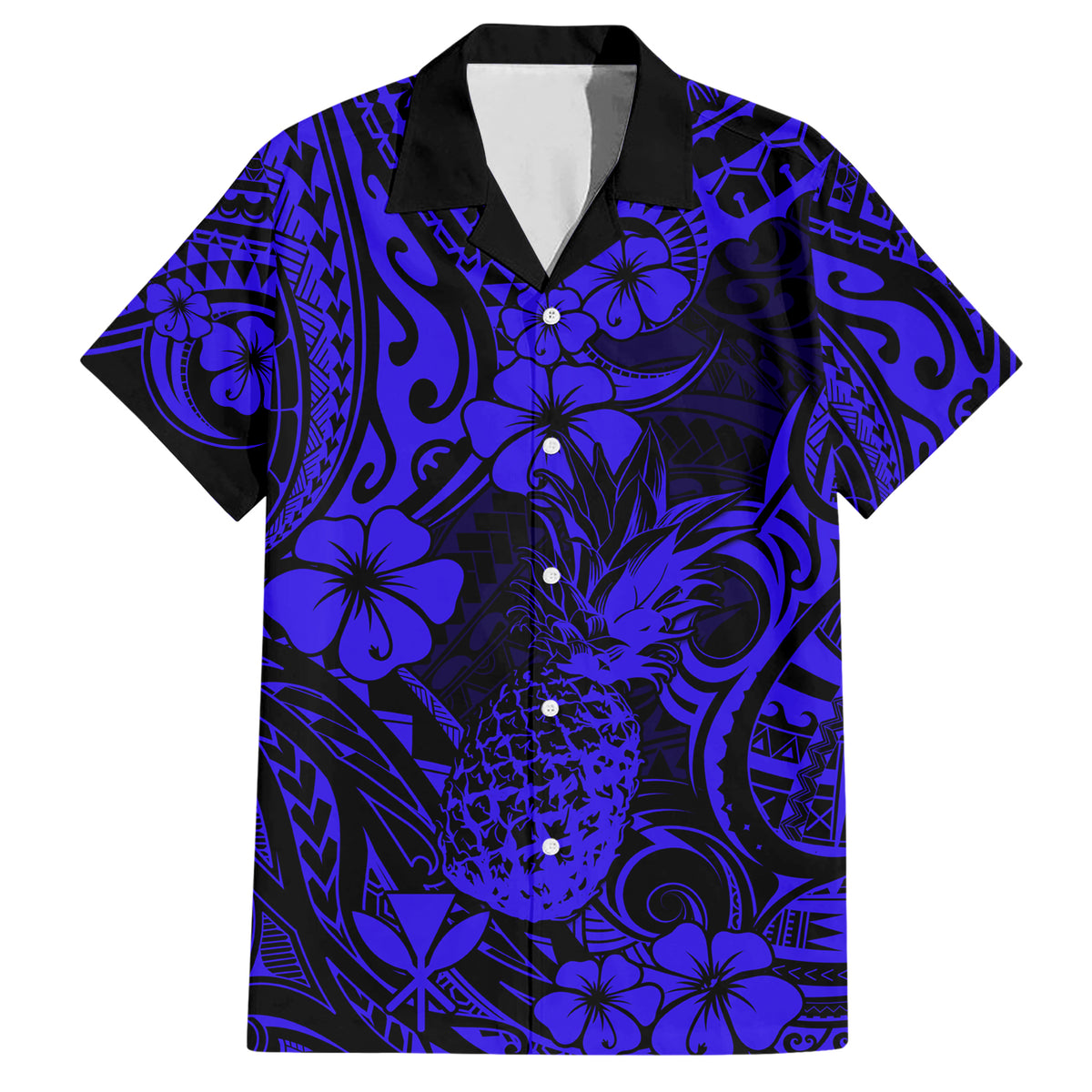 Hawaii Pineapple Family Matching Short Sleeve Bodycon Dress and Hawaiian Shirt Paradise Flowers Pacific With Navy Blue Polynesian Tribal - Wonder Print Shop
