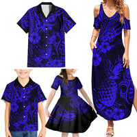 Hawaii Pineapple Family Matching Summer Maxi Dress and Hawaiian Shirt Paradise Flowers Pacific With Navy Blue Polynesian Tribal - Wonder Print Shop