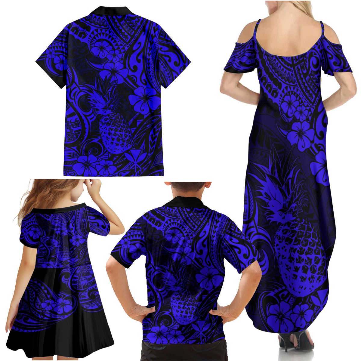 Hawaii Pineapple Family Matching Summer Maxi Dress and Hawaiian Shirt Paradise Flowers Pacific With Navy Blue Polynesian Tribal - Wonder Print Shop