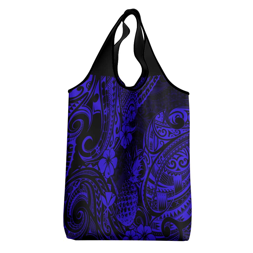 Hawaii Pineapple Grocery Bag Paradise Flowers Pacific With Navy Blue Polynesian Tribal