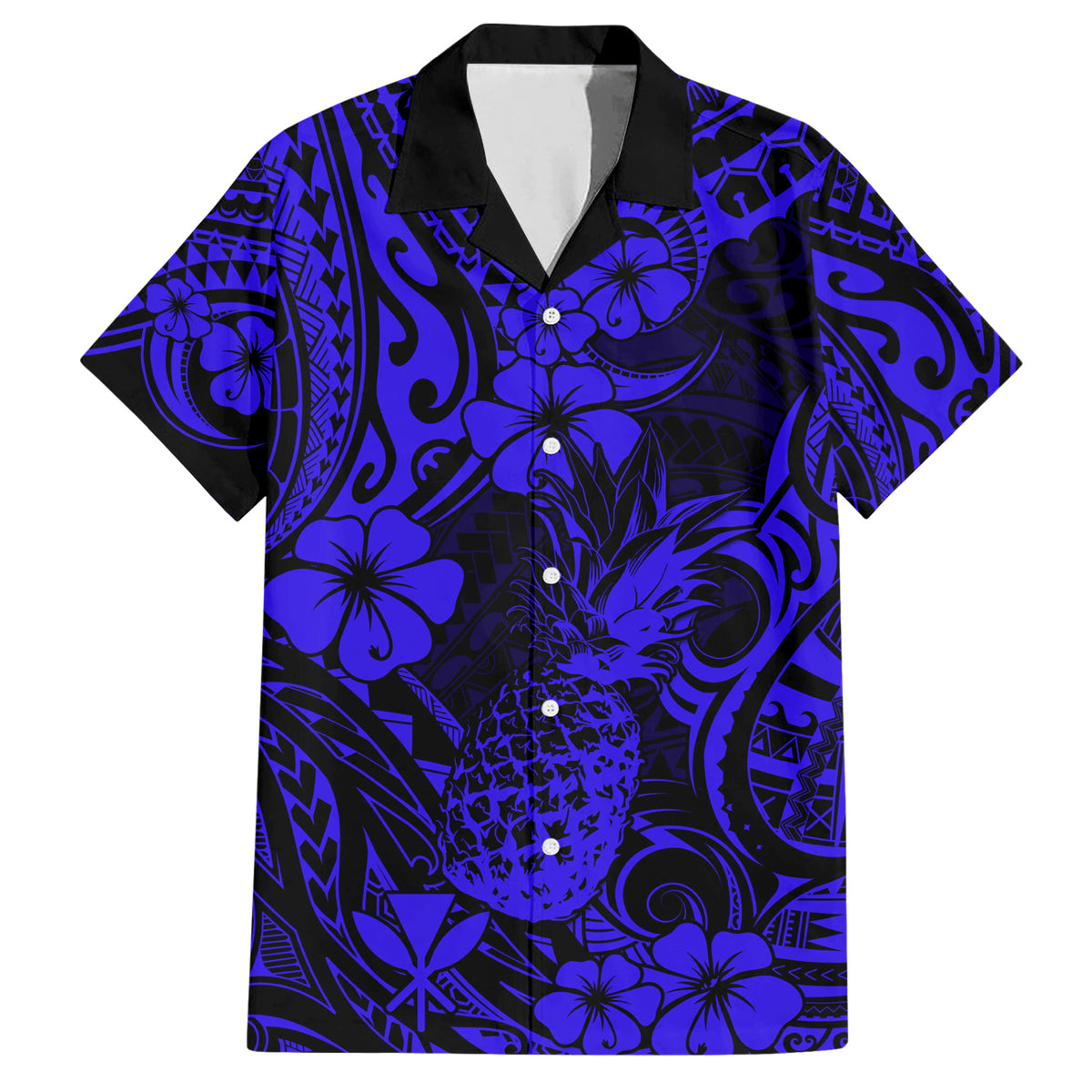 Hawaii Pineapple Hawaiian Shirt Paradise Flowers Pacific With Navy Blue Polynesian Tribal - Wonder Print Shop