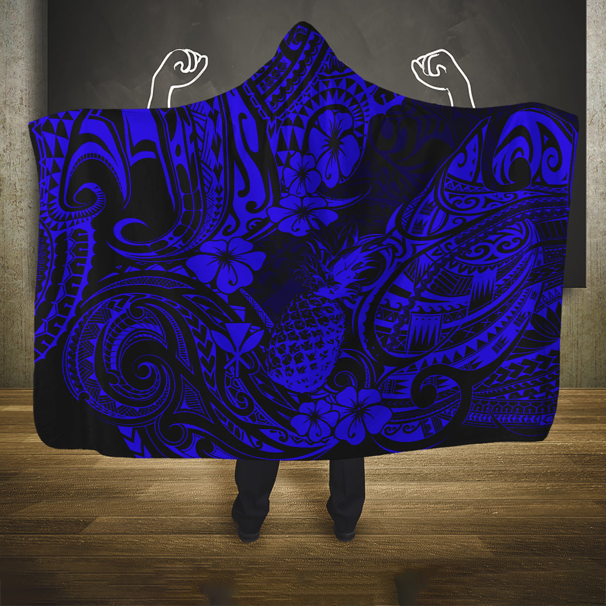 hawaii-pineapple-hooded-blanket-paradise-flowers-pacific-with-navy-blue-polynesian-tribal