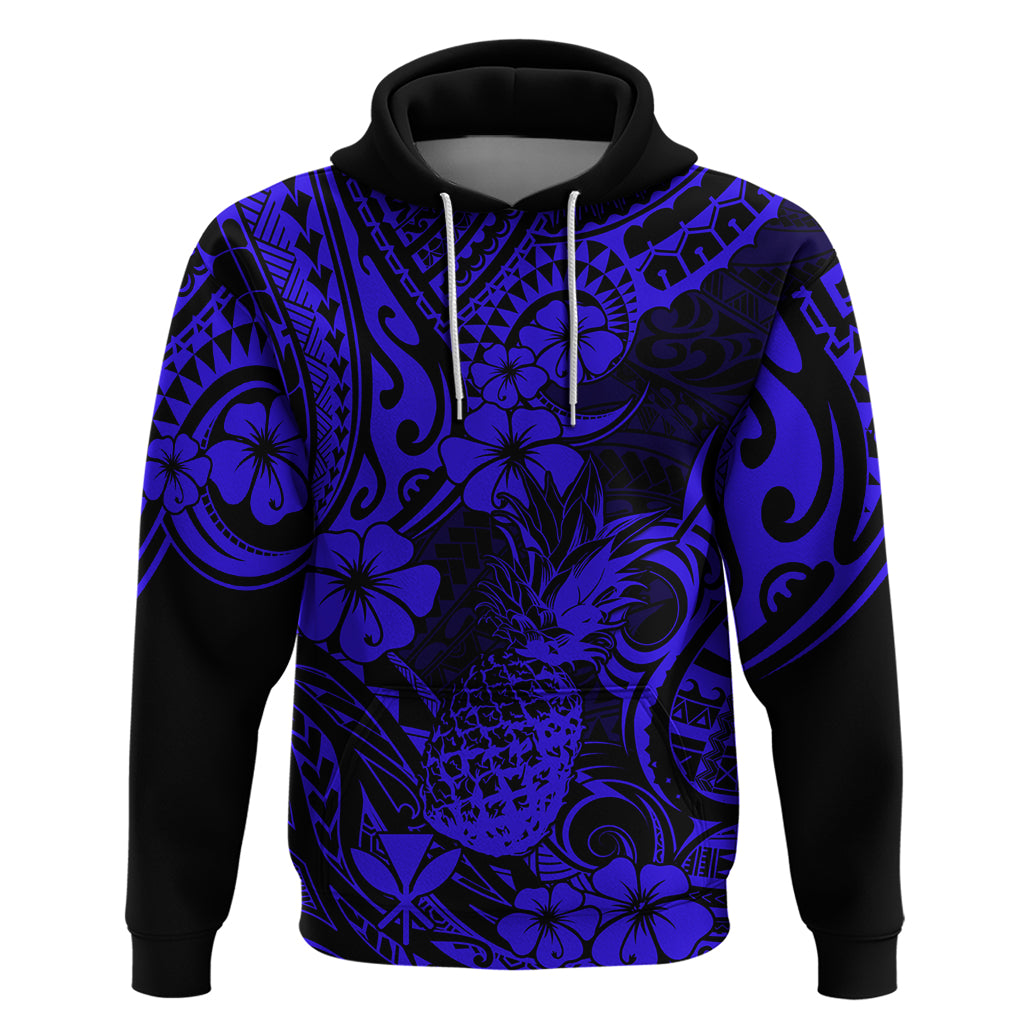 Hawaii Pineapple Hoodie Paradise Flowers Pacific With Navy Blue Polynesian Tribal - Wonder Print Shop