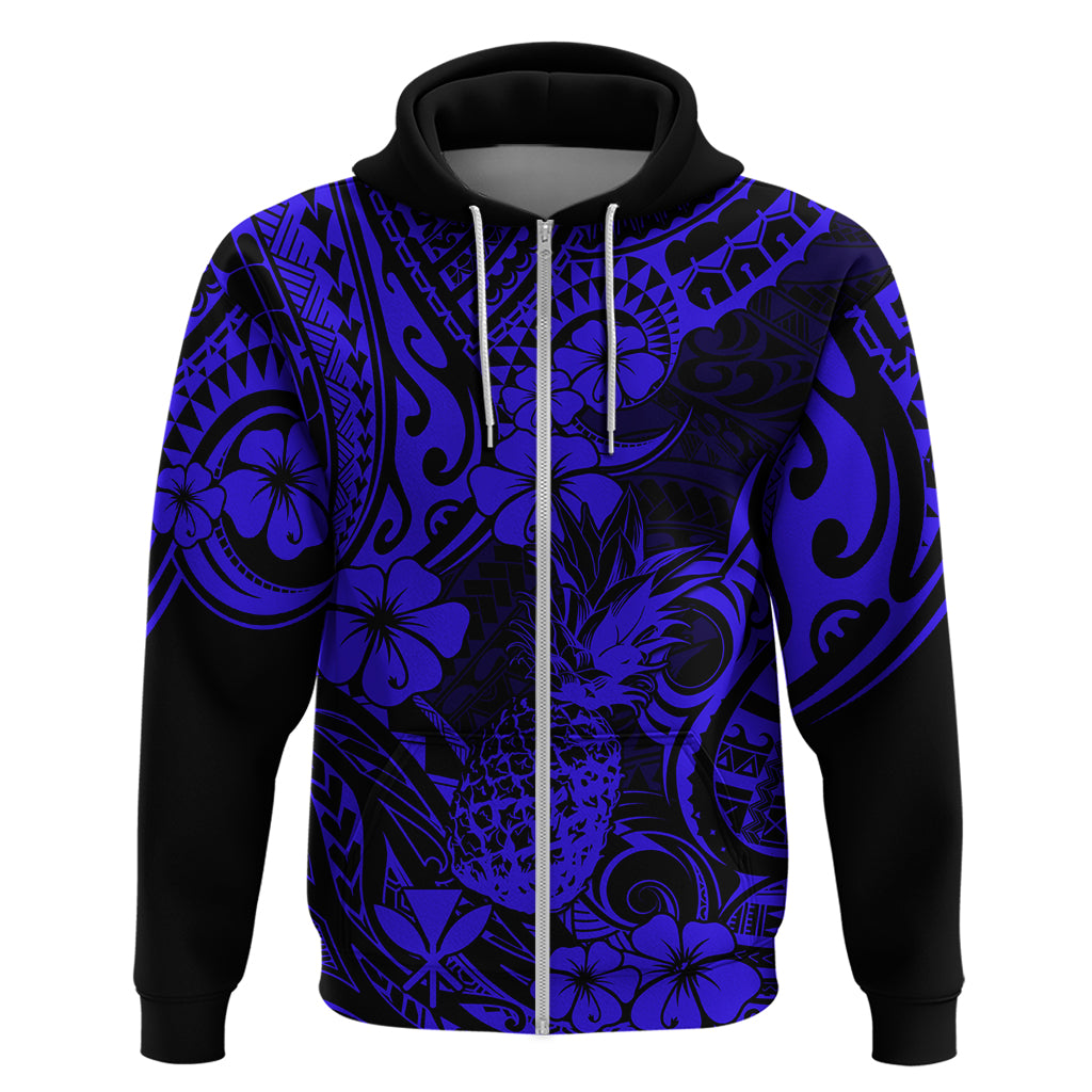 Hawaii Pineapple Hoodie Paradise Flowers Pacific With Navy Blue Polynesian Tribal - Wonder Print Shop