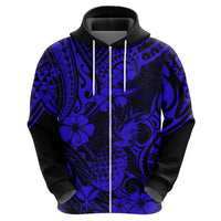 Hawaii Pineapple Hoodie Paradise Flowers Pacific With Navy Blue Polynesian Tribal - Wonder Print Shop