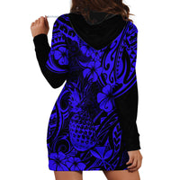 Hawaii Pineapple Hoodie Dress Paradise Flowers Pacific With Navy Blue Polynesian Tribal - Wonder Print Shop
