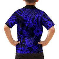 Hawaii Pineapple Kid Hawaiian Shirt Paradise Flowers Pacific With Navy Blue Polynesian Tribal - Wonder Print Shop