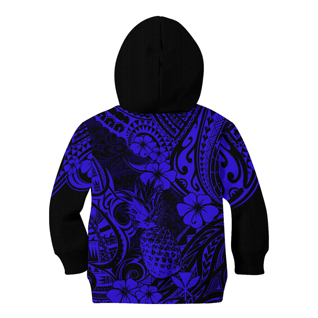 Hawaii Pineapple Kid Hoodie Paradise Flowers Pacific With Navy Blue Polynesian Tribal - Wonder Print Shop