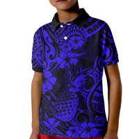 Hawaii Pineapple Kid Polo Shirt Paradise Flowers Pacific With Navy Blue Polynesian Tribal - Wonder Print Shop