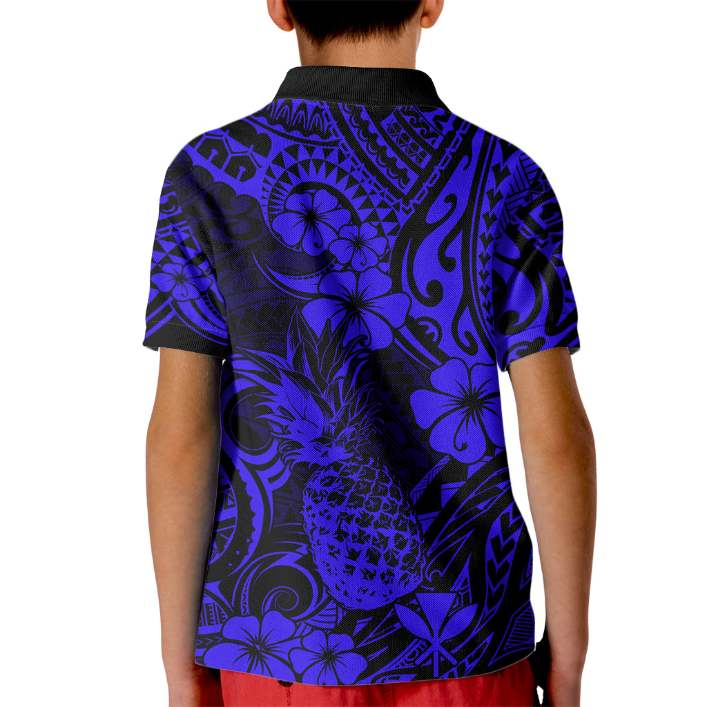 Hawaii Pineapple Kid Polo Shirt Paradise Flowers Pacific With Navy Blue Polynesian Tribal - Wonder Print Shop