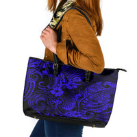 Hawaii Pineapple Leather Tote Bag Paradise Flowers Pacific With Navy Blue Polynesian Tribal - Wonder Print Shop