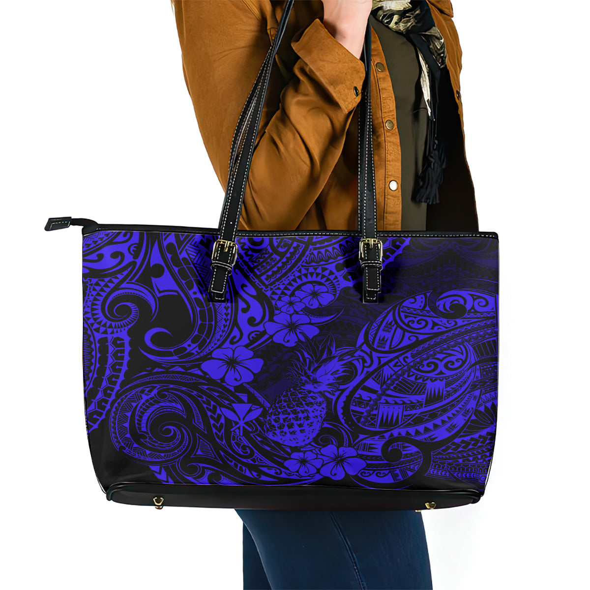 Hawaii Pineapple Leather Tote Bag Paradise Flowers Pacific With Navy Blue Polynesian Tribal - Wonder Print Shop