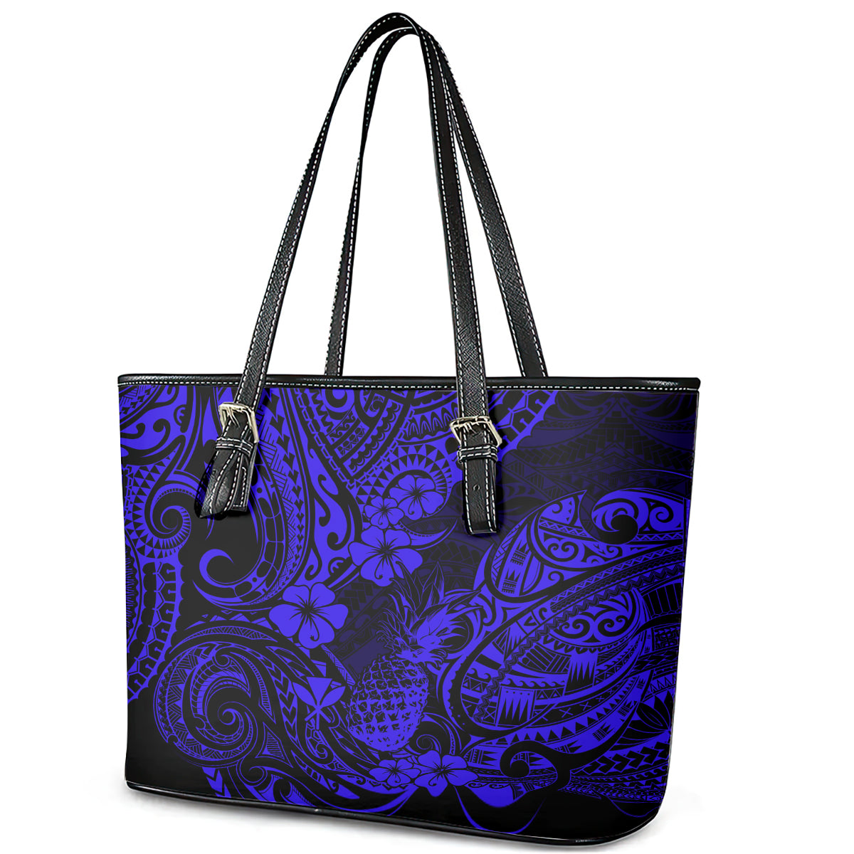 Hawaii Pineapple Leather Tote Bag Paradise Flowers Pacific With Navy Blue Polynesian Tribal - Wonder Print Shop