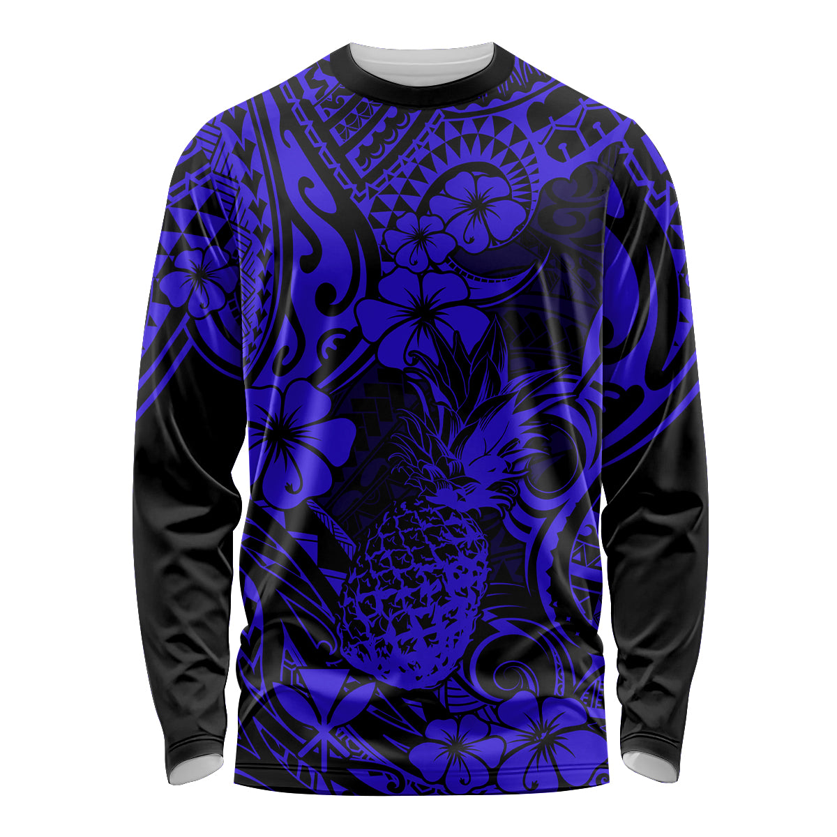 Hawaii Pineapple Long Sleeve Shirt Paradise Flowers Pacific With Navy Blue Polynesian Tribal - Wonder Print Shop