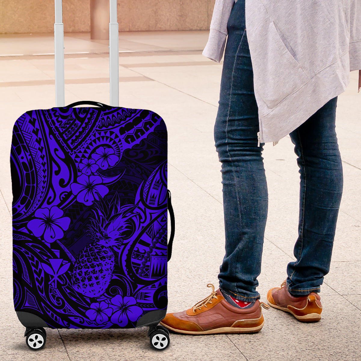 Hawaii Pineapple Luggage Cover Paradise Flowers Pacific With Navy Blue Polynesian Tribal - Wonder Print Shop