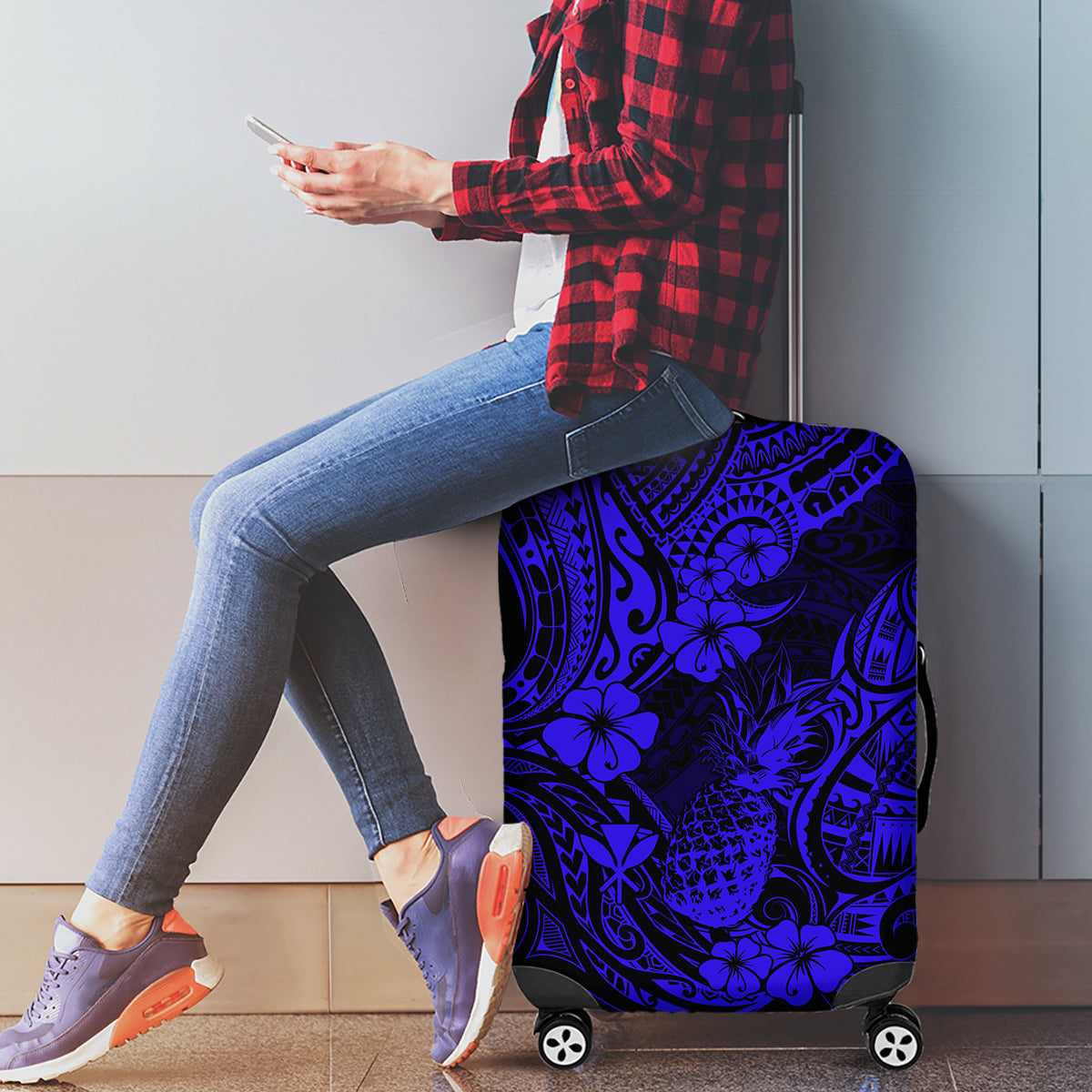 Hawaii Pineapple Luggage Cover Paradise Flowers Pacific With Navy Blue Polynesian Tribal - Wonder Print Shop