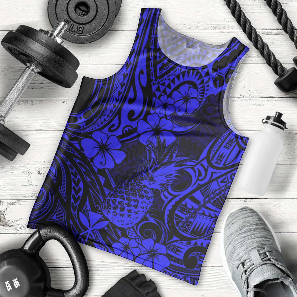 Hawaii Pineapple Men Tank Top Paradise Flowers Pacific With Navy Blue Polynesian Tribal - Wonder Print Shop