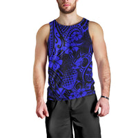 Hawaii Pineapple Men Tank Top Paradise Flowers Pacific With Navy Blue Polynesian Tribal - Wonder Print Shop