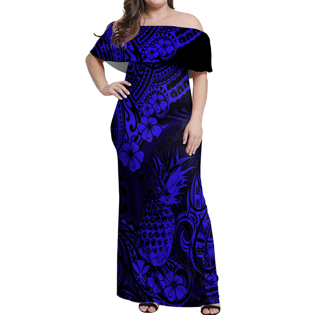 Hawaii Pineapple Off Shoulder Maxi Dress Paradise Flowers Pacific With Navy Blue Polynesian Tribal - Wonder Print Shop