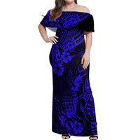 Hawaii Pineapple Off Shoulder Maxi Dress Paradise Flowers Pacific With Navy Blue Polynesian Tribal - Wonder Print Shop