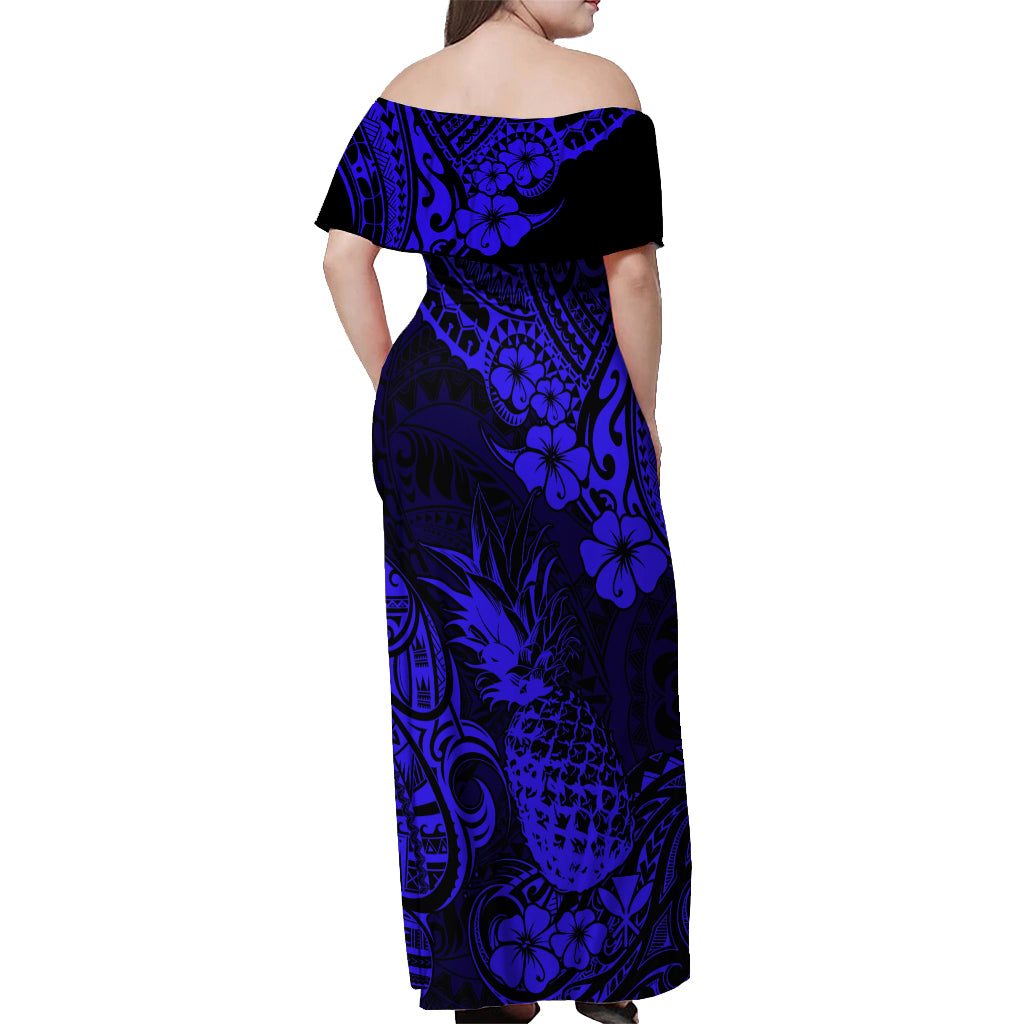 Hawaii Pineapple Off Shoulder Maxi Dress Paradise Flowers Pacific With Navy Blue Polynesian Tribal - Wonder Print Shop