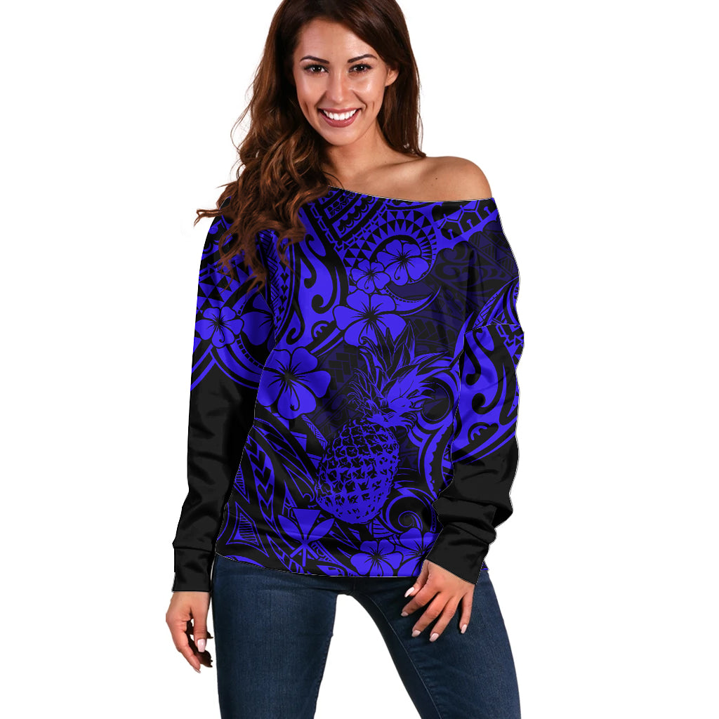 Hawaii Pineapple Off Shoulder Sweater Paradise Flowers Pacific With Navy Blue Polynesian Tribal - Wonder Print Shop