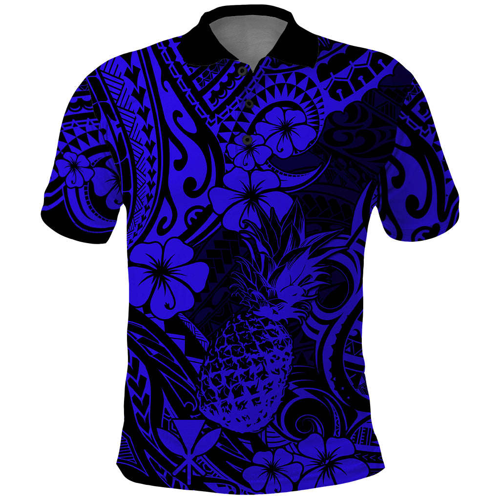 Hawaii Pineapple Polo Shirt Paradise Flowers Pacific With Navy Blue Polynesian Tribal - Wonder Print Shop
