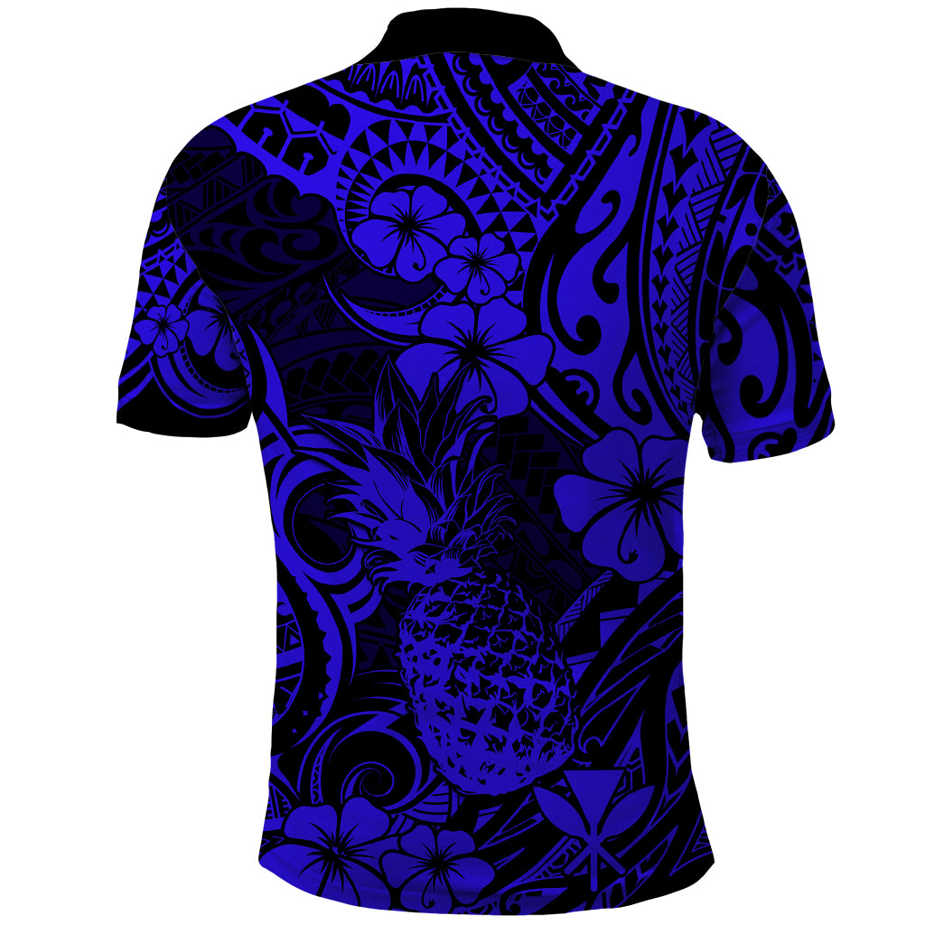 Hawaii Pineapple Polo Shirt Paradise Flowers Pacific With Navy Blue Polynesian Tribal - Wonder Print Shop