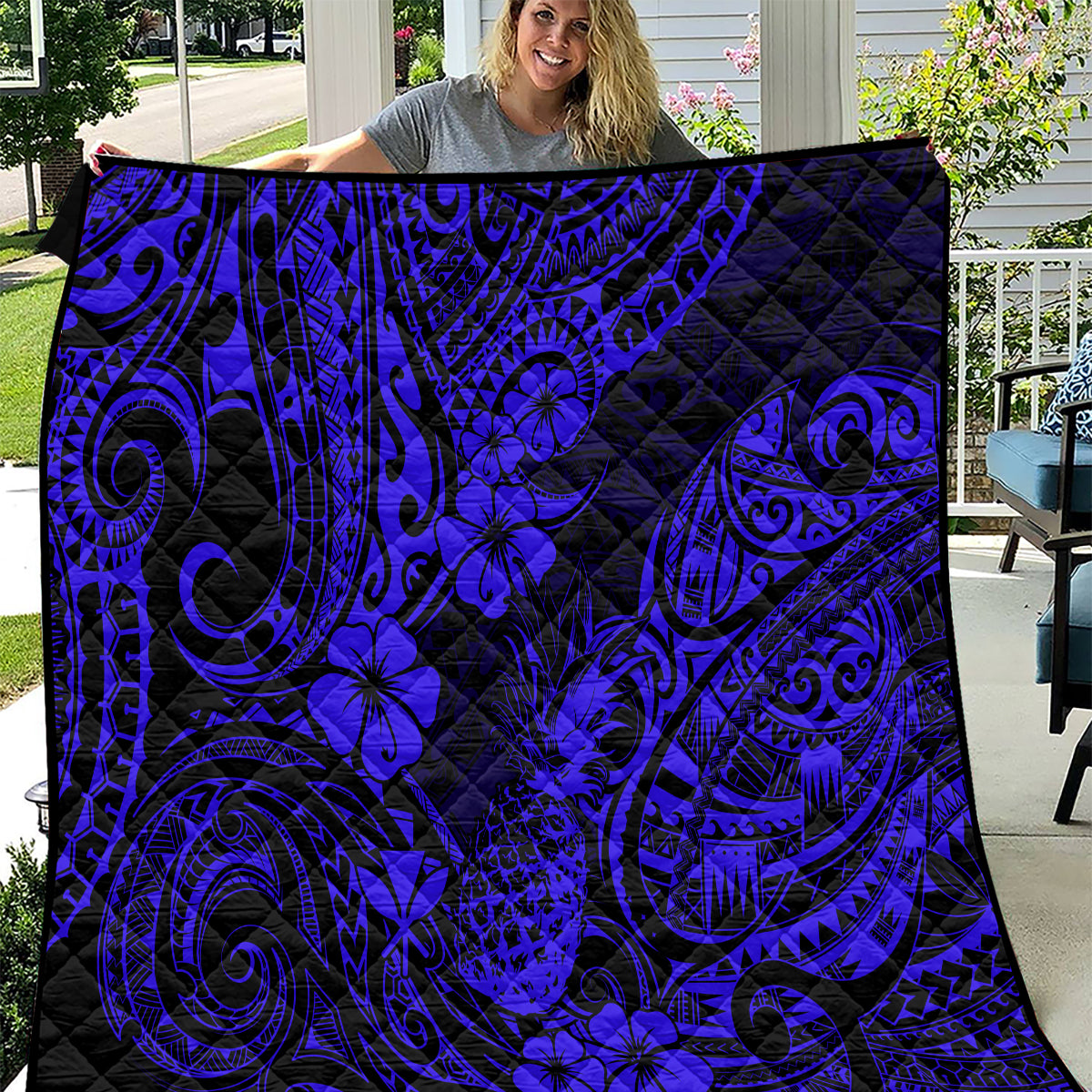 Hawaii Pineapple Quilt Paradise Flowers Pacific With Navy Blue Polynesian Tribal - Wonder Print Shop