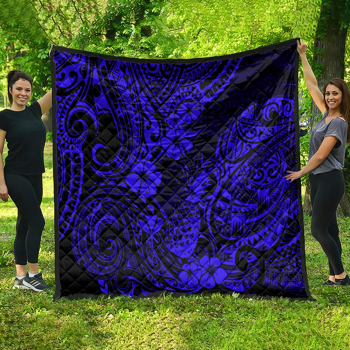 Hawaii Pineapple Quilt Paradise Flowers Pacific With Navy Blue Polynesian Tribal - Wonder Print Shop