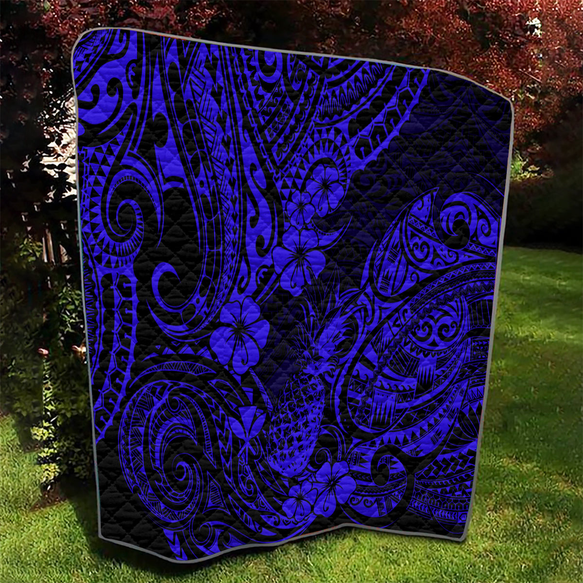 Hawaii Pineapple Quilt Paradise Flowers Pacific With Navy Blue Polynesian Tribal - Wonder Print Shop