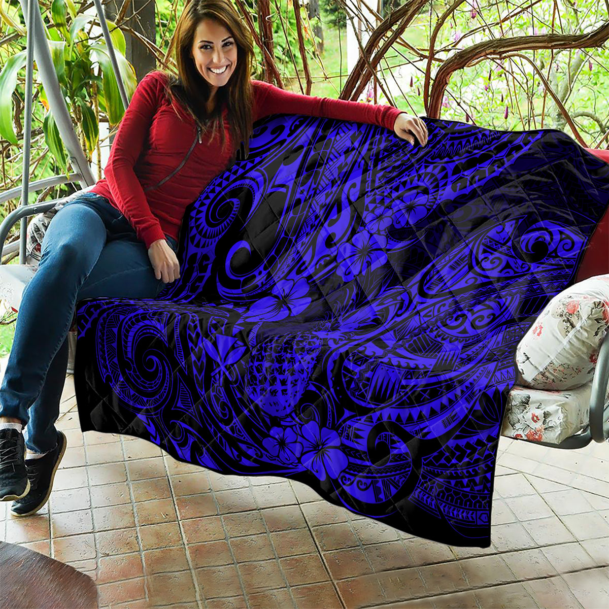 Hawaii Pineapple Quilt Paradise Flowers Pacific With Navy Blue Polynesian Tribal - Wonder Print Shop