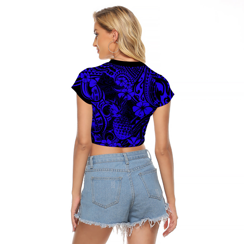 Hawaii Pineapple Raglan Cropped T Shirt Paradise Flowers Pacific With Navy Blue Polynesian Tribal - Wonder Print Shop